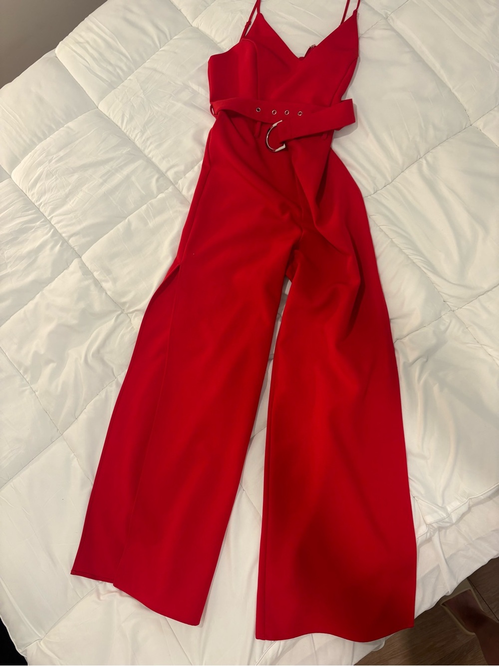 Express Red Spaghetti-Strap Wide-Leg Belted Jumpsuit